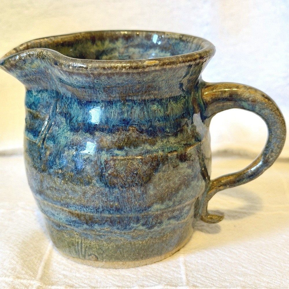 Vintage Blue And Brown Drip Glaze Studio Art Pottery Small Pitcher/Creamer